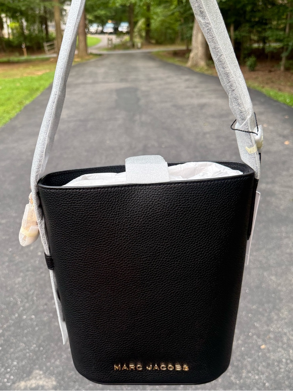 Marc Jacobs Black Pebbled Leather Bucket Crossbody with Gold Logo